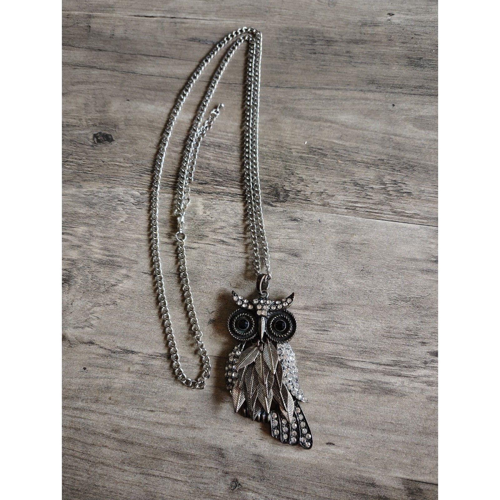Vtg Owl Necklace Long Heavy Rhinestone Leaves Feathers Casual Read